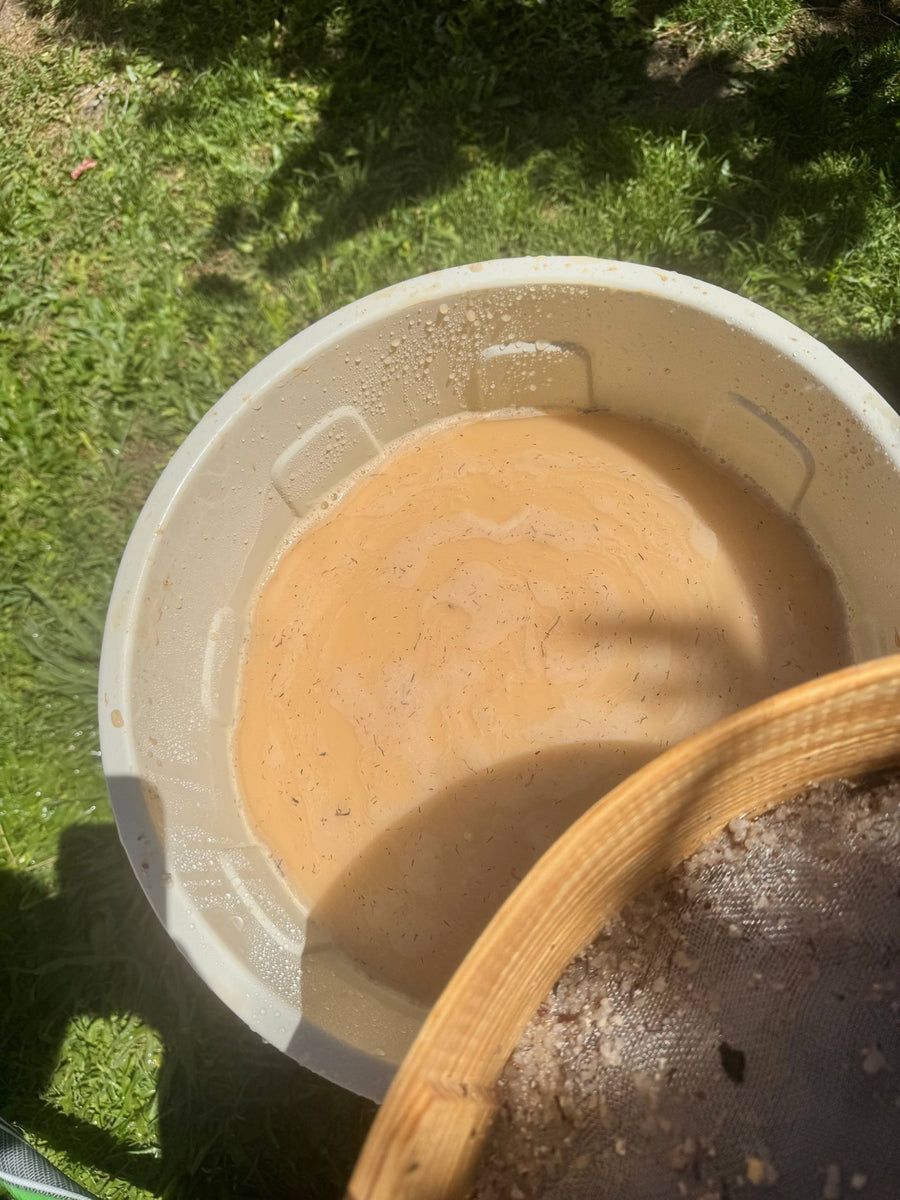 Clay slip settling in a bucket in the garden