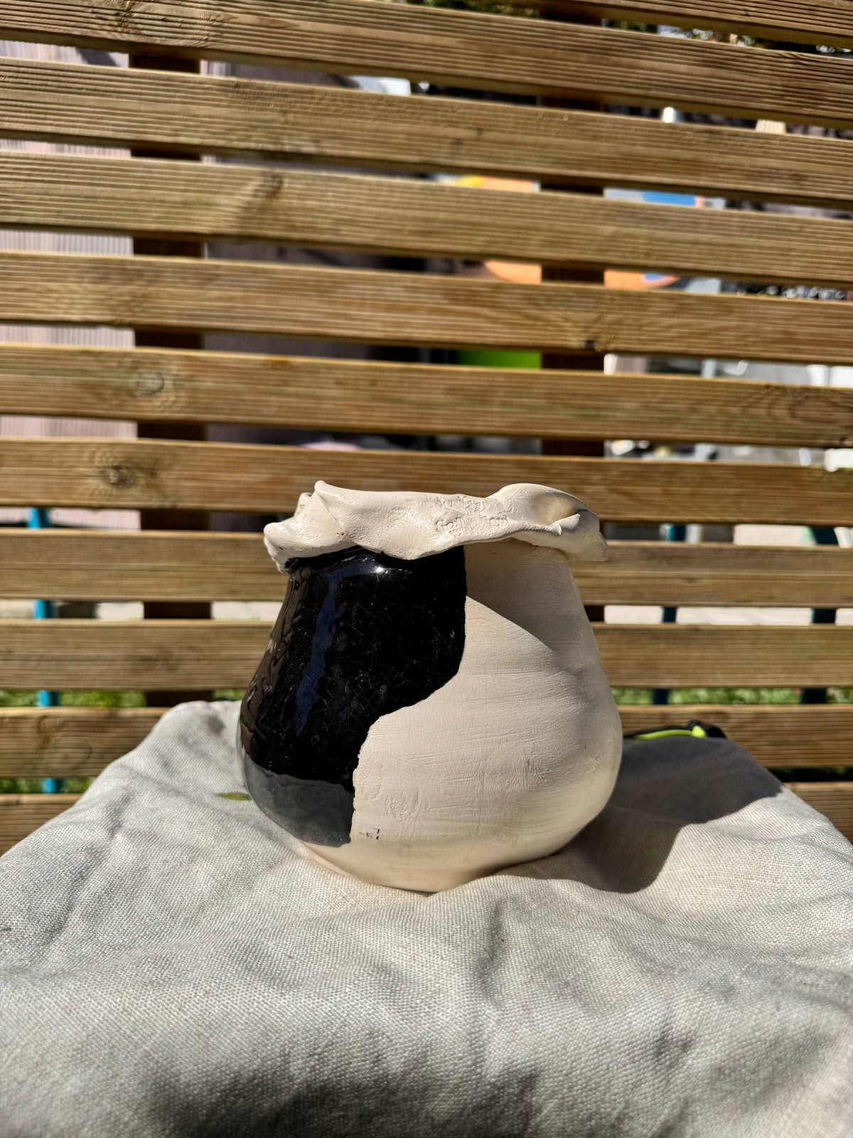 Ruffled Rim Vase, Black & White, handmade in Portugal