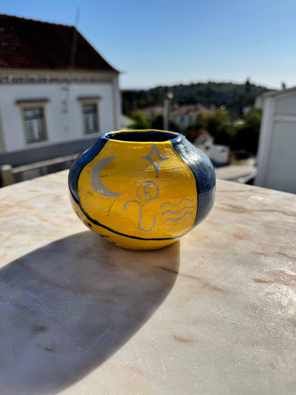 Hand-Painted Vase, Yellow & Cobalt, handmade in Portugal