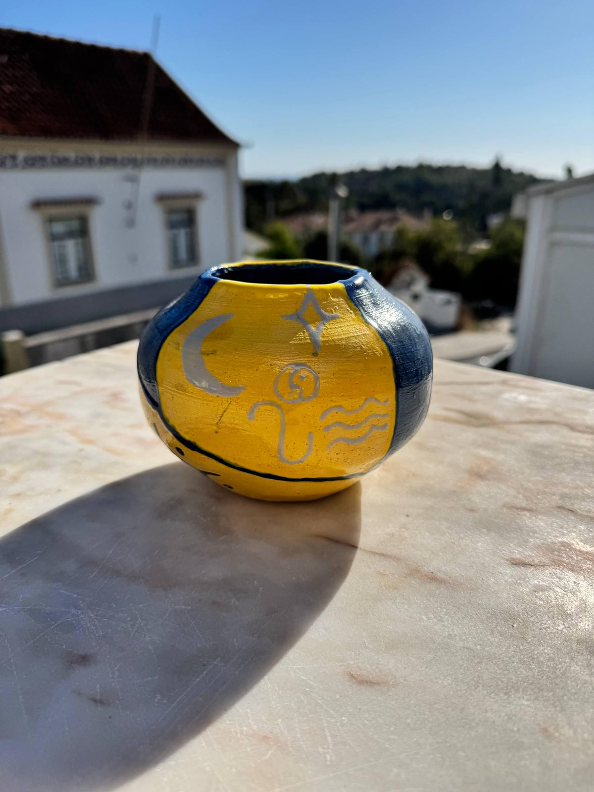 Hand-Painted Vase, Yellow & Cobalt, handmade in Portugal